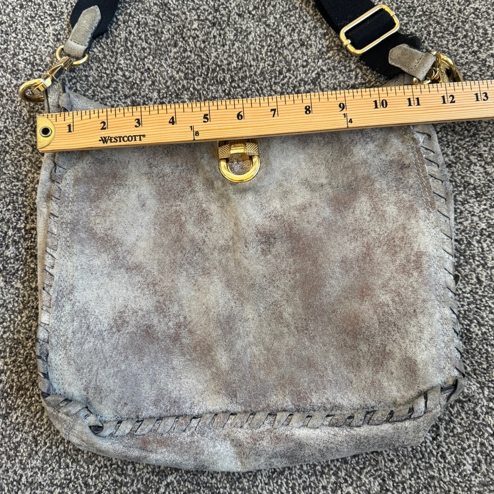 Aimee Kestenberg Distressed Grey Shimmer Suede Crossbody Bag, Removable Strap - Picture 15 of 16